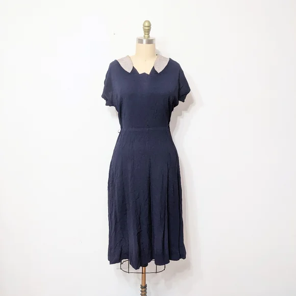 Vintage | Dresses | 42 Vtg 94s Era Navy Blue Collar Day Dress | Poshmark